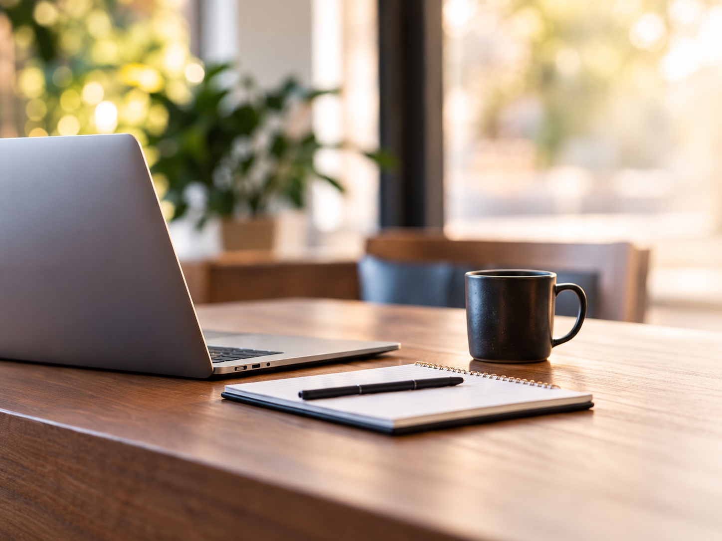 A laptop, notebook and coffee on a sunlit desk