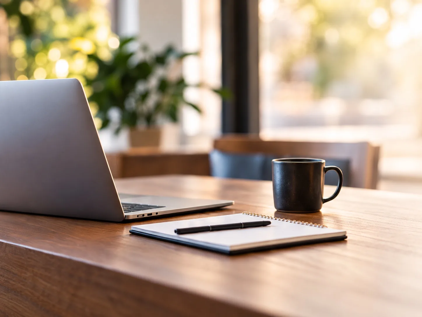 A laptop, notebook and coffee on a sunlit desk